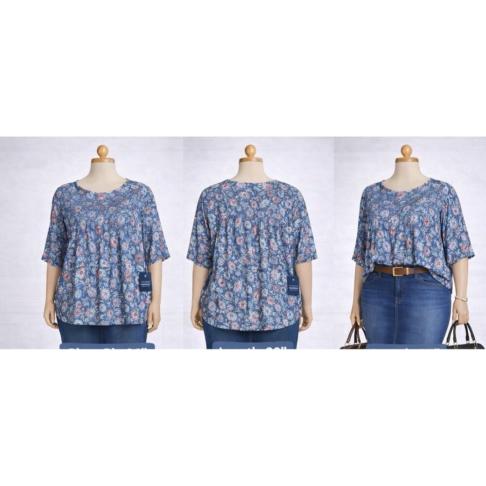 Lucky Brand Women 3X Blue Pink Floral Boho Peasant Blouse Smocked Yoke Plus Size - Picture 13 of 13